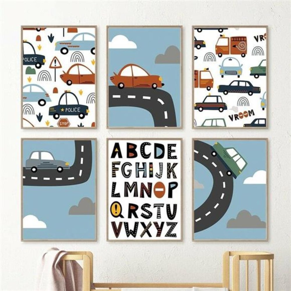 Nursery Decor Kids City Vehicles Cars Alphabet Wall Art Set of 6 Prints 8.5x11